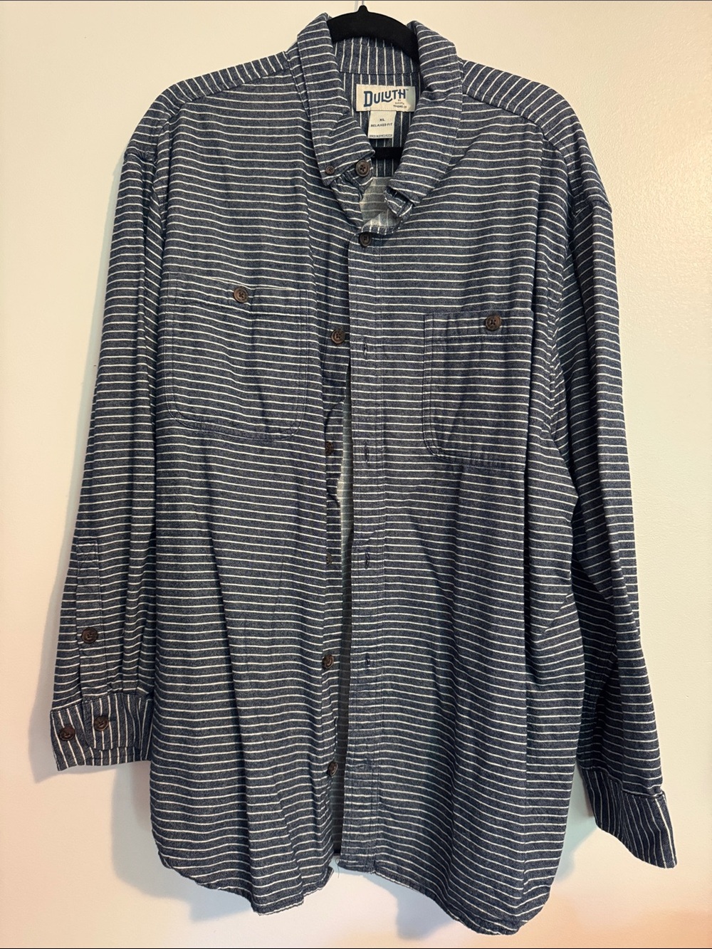 Duluth Trading Co Navy and White Striped Lightweight Shirt